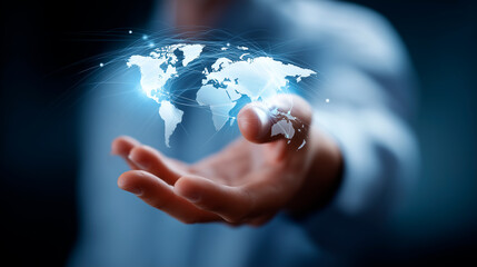 Faceless hand holding global technical support network connection help desk system interface maintenance troubleshooting software hardware solutions expertise remote assistance