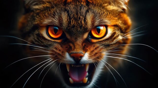 Fierce snarling feline with intense orange eyes and sharp teeth in dramatic close-up