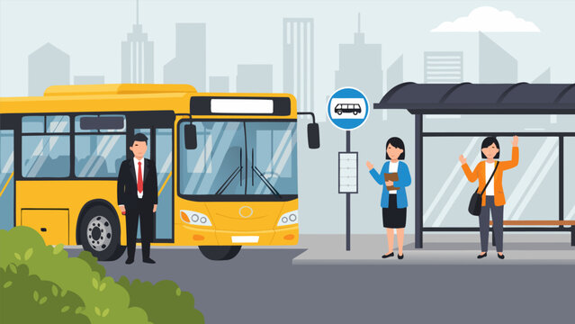 Vintage yellow school bus and children on the city road, a public transportation vehicle for travel illustration