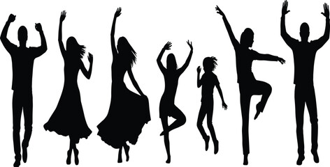 Diverse Group of People Dancing, Jumping, and Cheering with Hands Raised, Representing Celebration, Party, Freedom, Joy, and Success, Black Silhouette Vector Illustration.