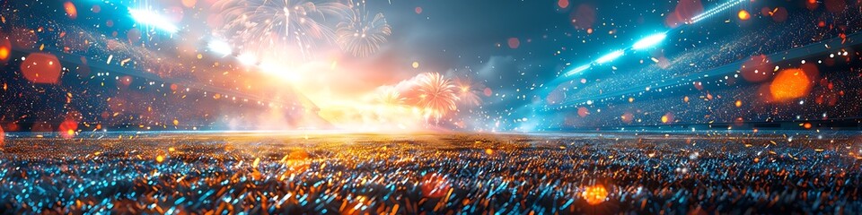 Panoramic view of a vibrant concert or sporting event crowd with energetic lights and dramatic stage effects