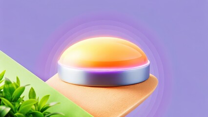 Glowing yellow button with futuristic interface design on pastel background, conceptual UI element for digital apps, tech branding, or sci-fi interfaces