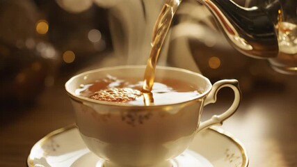 Golden, hot tea is elegantly poured from a silver teapot into a decorated porcelain teacup, highlighted by warm studio lighting and a cozy bokeh background. - Powered by Adobe
