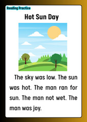 Fototapeta premium Engaging educational graphic for young learners, illustrating a picturesque coastal landscape where a boy enjoys the sun and sea, perfect for basic reading comprehension