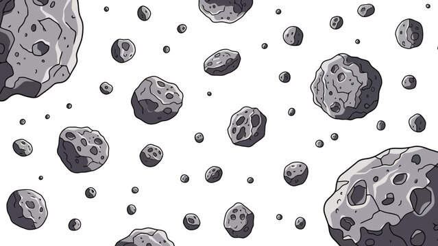 Illustrative background of numerous asteroids floating in outer space, rendered in a detailed, monochromatic style
