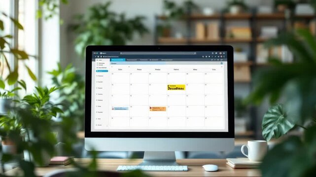 Digital calendar on desktop in home office with plants
