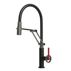 Modern kitchen faucet with black and stainless steel design featuring pull-down spray and unique handle