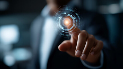 Faceless businessman hand controlling futuristic display expertise business concept visualization professional knowledge interface technical competence system skill