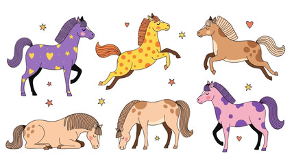 Enchanting Cartoon Equine Friends A Delightful Set of Stylized Horses Showcasing Joyful Movements and Expressive Personalities in a Vibrant Digital Art Collection