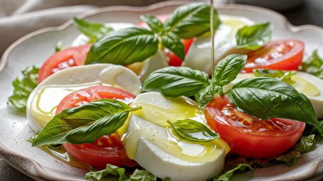 Fresh Caprese Salad Slicing Tomato Mozzarella Basil Closeup