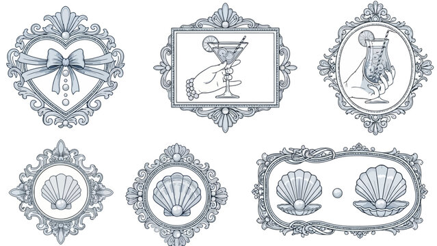Decorative Ornamental Frames and Embellishments Featuring Hearts, Cocktails, and Seashells
