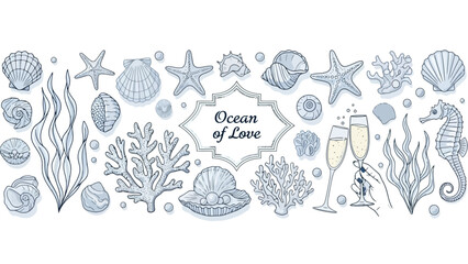 Elegant hand-drawn marine elements perfect for romantic celebrations and wedding invitations, featuring seashells, starfish, coral, and champagne glasses in an oceanic love theme © Myanee
