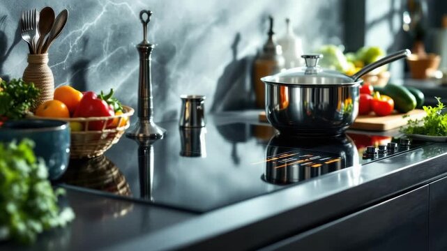 Modern kitchen with induction stove and fresh vegetables