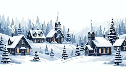 Naklejka premium Serene winter village illustration with snow-covered houses, churches, and frosty trees on rolling hills, capturing a peaceful holiday landscape perfect for festive designs