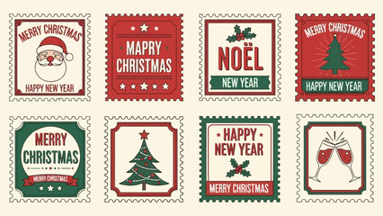 Collection of festive holiday season postage stamps featuring traditional Christmas and New Year illustrations in a vintage style, perfect for seasonal greetings