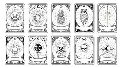 Collection of mystical hand-drawn vector cards. Features symbolic owls, crowns, celestial bodies, and skulls for fantasy and spiritual projects