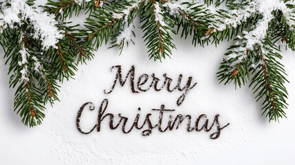 Snow - Covered Pine Branches with Merry Christmas Message for Holiday Decor and Seasonal Greetings