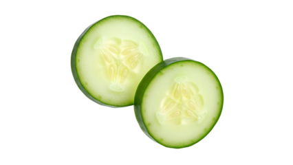 Two Cucumber Slices PNG. Pair of fresh green vegetable rounds flying. Organic healthy salad ingredients. Raw detox food cuts for beauty masks and diet. Crunchy juicy texture circles top view PNG