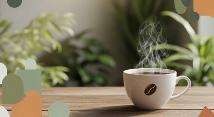 Steaming coffee cup sitting on a wooden table in front of lush green plants with decorative shapes, for a relaxed and warm start.