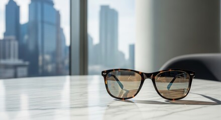 Tortoiseshell glasses on marble table with city view. Reflection visible on lens.