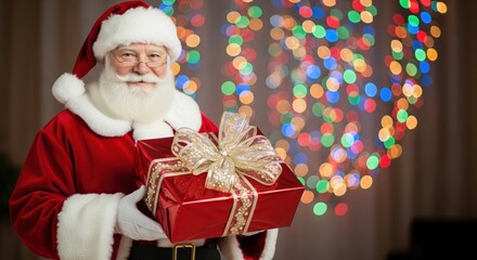 Santa Claus holding wrapped gift with sparkling ribbons in colorful Christmas lights