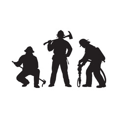 Silhouettes of three firefighters with tools against a white background