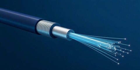 Stunning macro view reveals glowing blue fiber optic strands transmitting data through a dark background