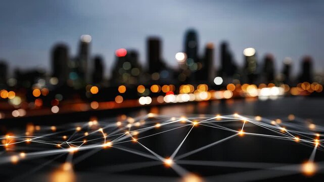 Urban night panorama with digital glowing links connecting corporate towers