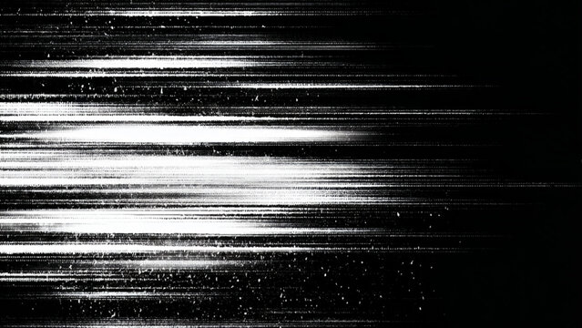 Abstract white horizontal lines with glitch effect on a dark black background texture overlay