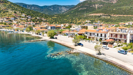 Aerial Drone View of Glyfada Village and the Gulf of Corinth, Central Greece