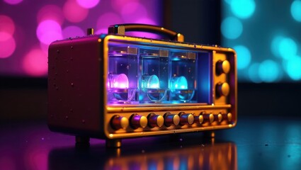 Retro-futuristic device with glowing neon tubes and water droplets