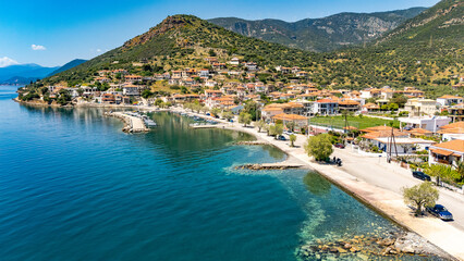 Aerial Drone View of Glyfada Village and the Gulf of Corinth, Central Greece