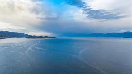 Drone view of Trizonia Island in the Gulf of Corinth