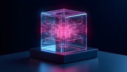 Glowing Data Cube — Floating Transparent Cube with Inner Neon Grid