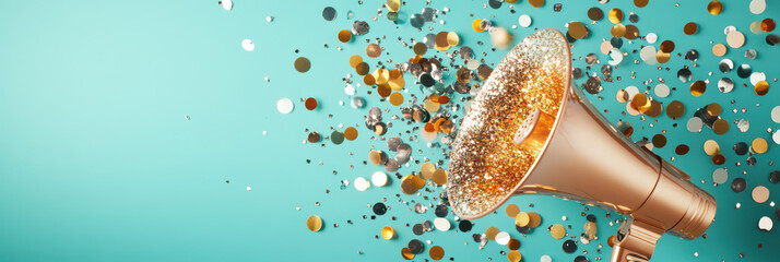 A sequined megaphone bedazzled with rose gold and platinum glitter glimmers against a vivid turquoise backdrop. This opulent piece epitomizes elegance and fashion-forward design.