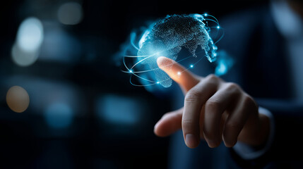 Faceless businessman hand touching digital global network technical support interface real time assistance visualization social network connection data exchange hologram