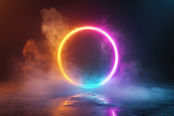 A futuristic 3D neon ring hovers, glowing with fiery to ultraviolet hues. The gradient light casts radiant colors over a sleek, reflective surface, creating a vibrant, high-tech scene.