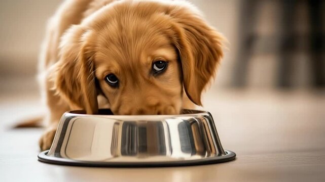 A golden retriever puppy eagerly eating from a shiny bowl.