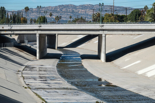 View of the Los Angeles river near Vanowen Street in the San Fernando Valley area of Los Angeles California.  