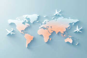 Naklejka premium A flat-design world map featuring soft pastel colors and minimalist airplane routes. The curved white lines and dotted trails offer a modern depiction of global travel and connection.
