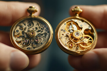 A watchmaker skillfully holds an open antique pocket watch, highlighting the intricate mechanics of its movement. The image captures the essence of craftsmanship and precision in horology.