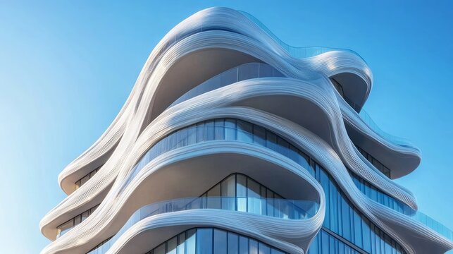 abstract modern architecture glass building structure wave shape building detail in blue sky - Powered by Adobe