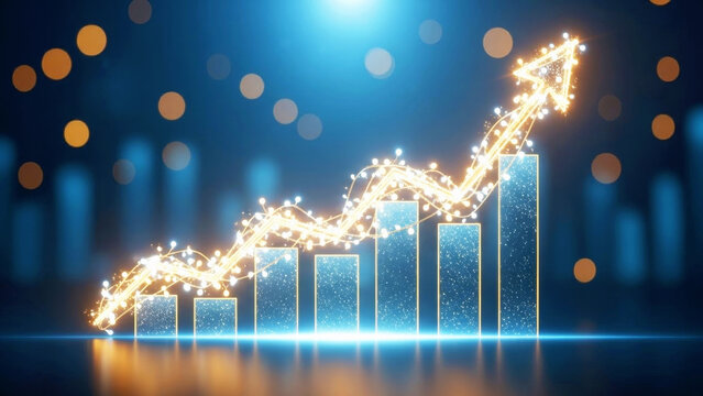 Business growth chart with glowing line and sparkling bar diagram. Digital economy data visualization for investment and financial analytics at Christmas. - Powered by Adobe