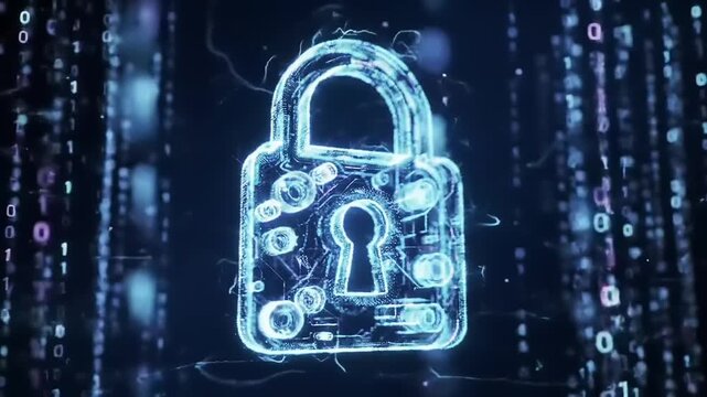 Abstract digital padlock icon glowing with binary code streams, symbolizing advanced cybersecurity protection and data privacy in a technological network environment