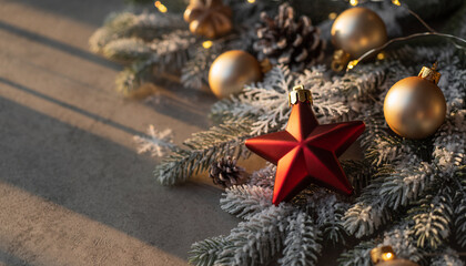 Festive Winter Christmas Decoration Background with Red Star Ornament, Frosted Branches and Warm Elegant Holiday Decor