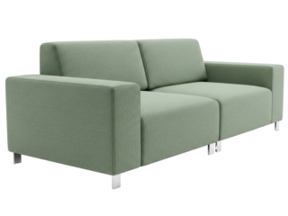 Isolated modern two-seater couch of light-green-tinted fabric on a white surface for home office