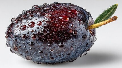 Close-up of a glistening black olive with water droplets and a green leaf.