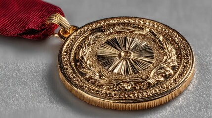 Close-up of a gold medal with red ribbon.