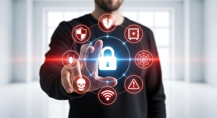 Man Interacting with Digital Security Interface and Cyber Protection Icons.