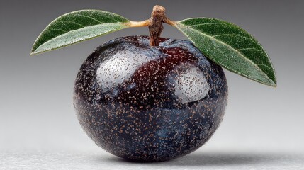 Close-up of a ripe, glistening plum with vibrant green leaves, natural beauty.